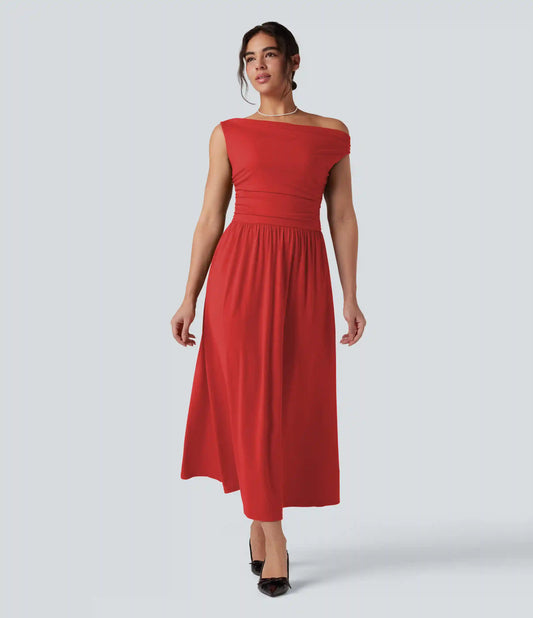 One-shoulder Sleeveless Ruched Maxi Bridesmaid And Wedding Guest Dress