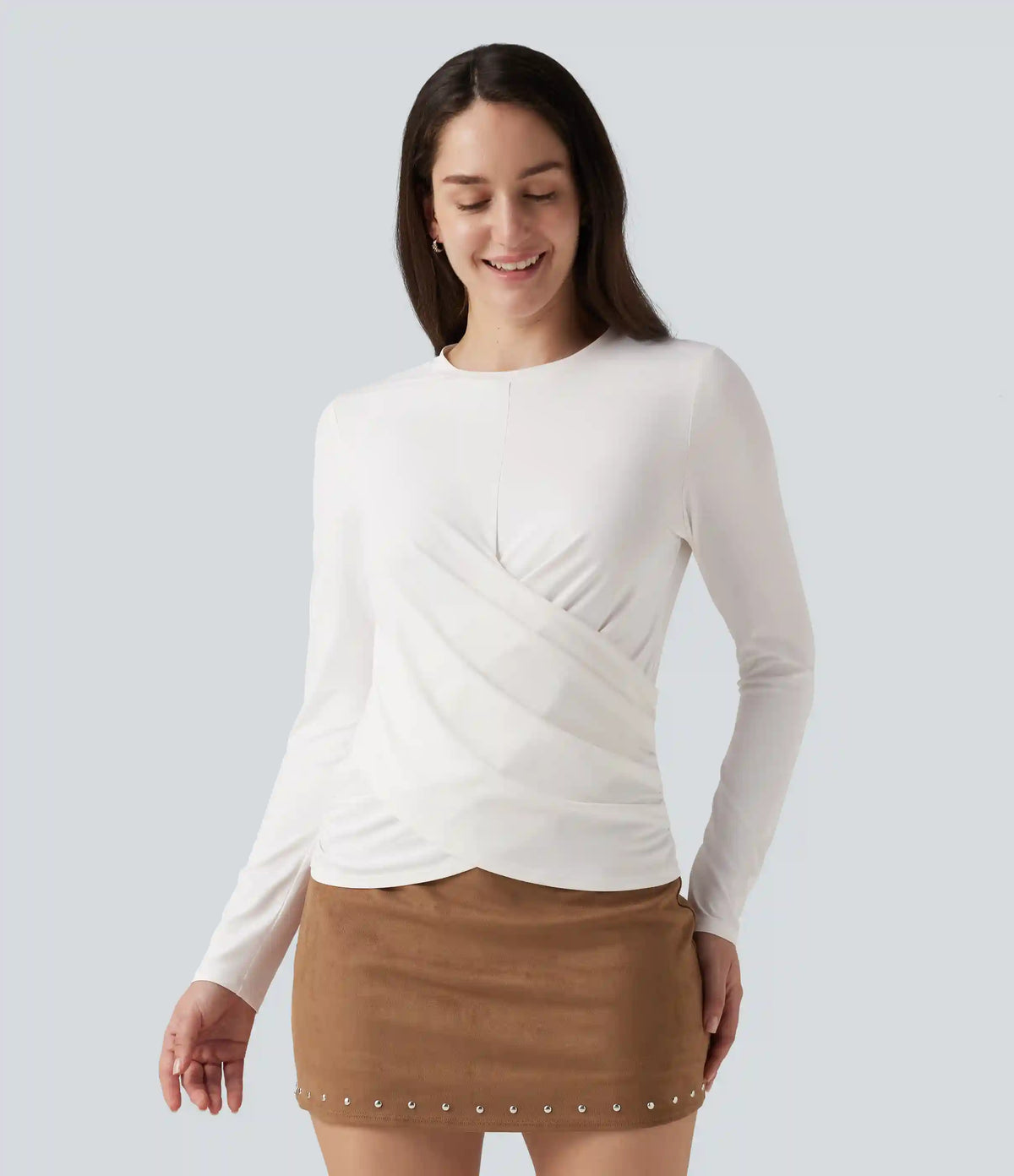 Round Neck Long Sleeve Crossover Hem Casual Top