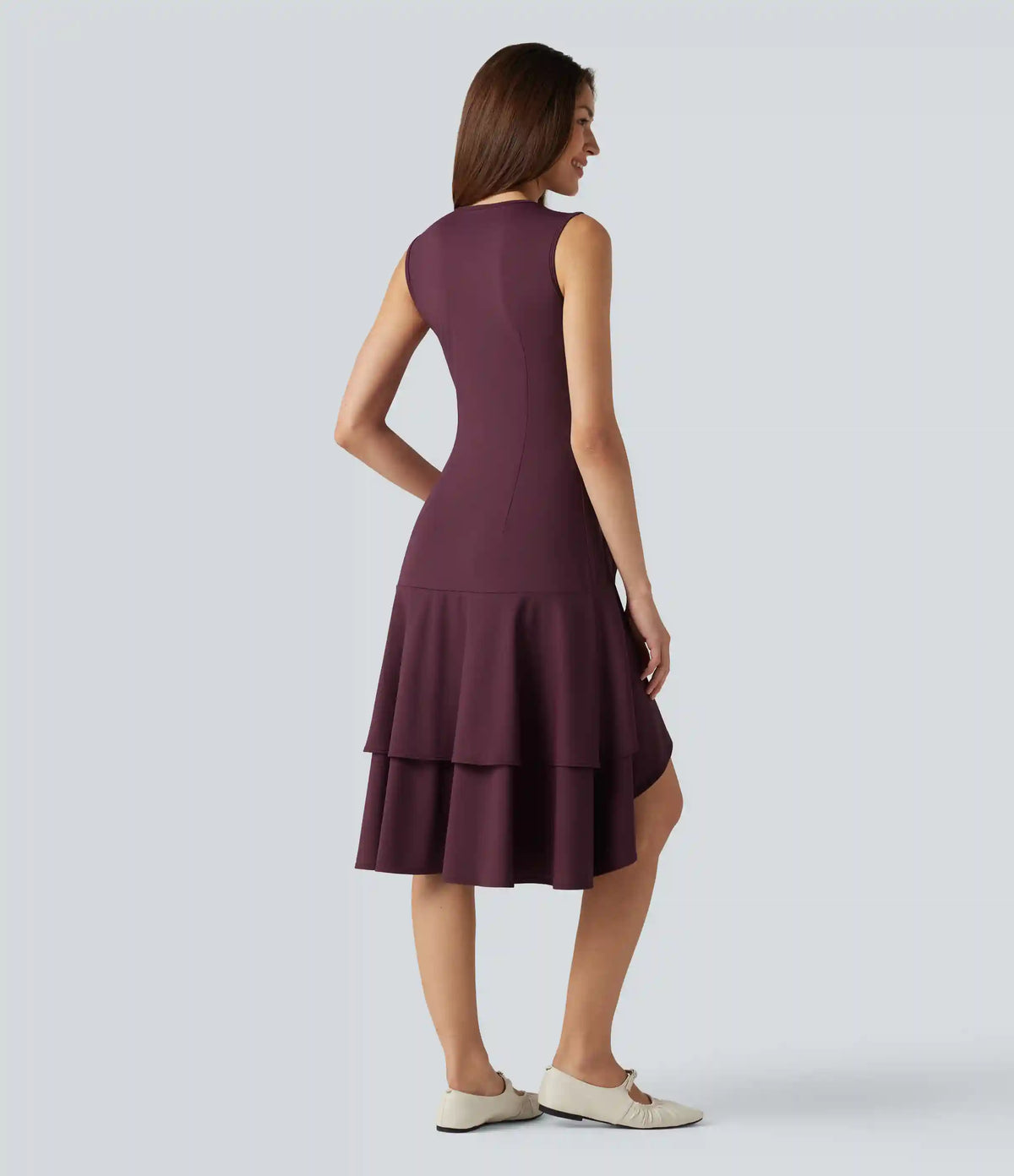 SoftlyZero™ Airy Round Neck Sleeveless Layered Ruffle Hem InstantCool Midi Casual Dress