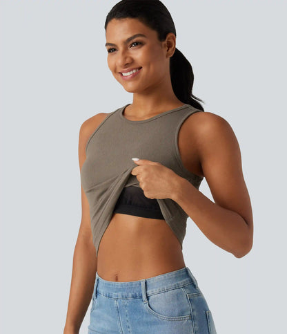 Ribbed Knit Round Neck Built-in Bra Cut Out Cropped Casual Tank Top