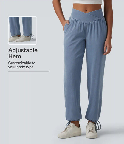Halara Flex™ Mid Rise Crossover Drawstring Denim Casual Joggers with Pockets