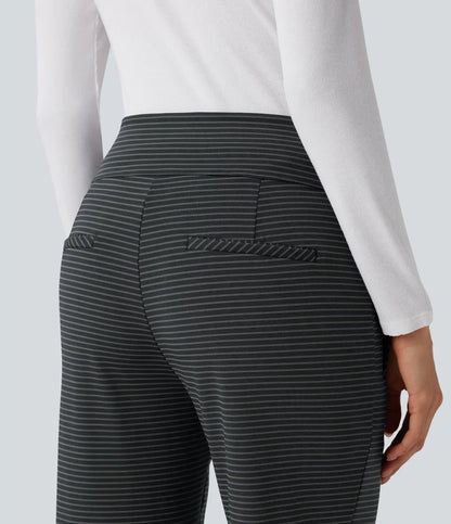 Mid Rise Stripes Work Flare Pants with Zip Pockets