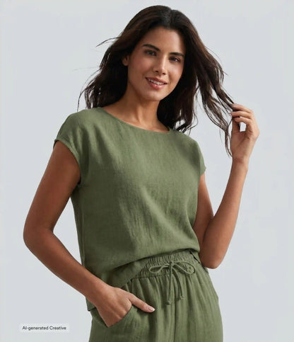 Round Neck Batwing Sleeve Casual Linen-Feel Top