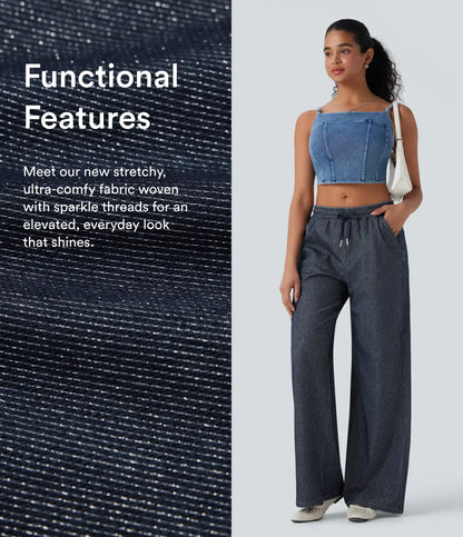 Halara Flex™ Low Rise Drawstring Wide Leg Silver Shine Casual Sweatpants Jeans with Pockets