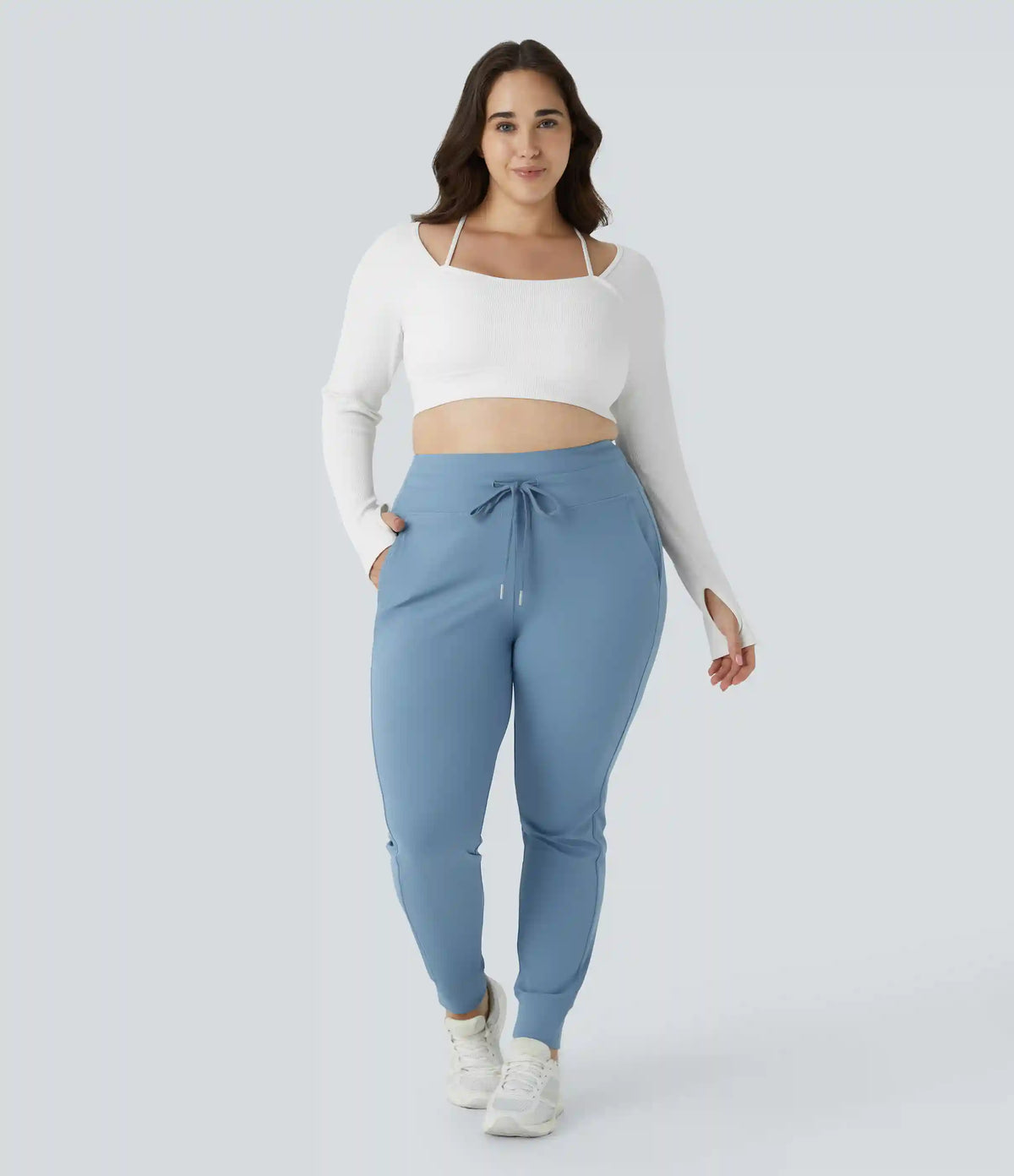 SoftlyZero™ Plush High Waisted Drawstring Pocket Plain Full Length Plus Size Joggers