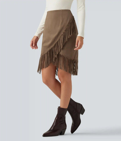 High Waisted 2-in-1 Fringe Hem Midi Suede Party Skirt