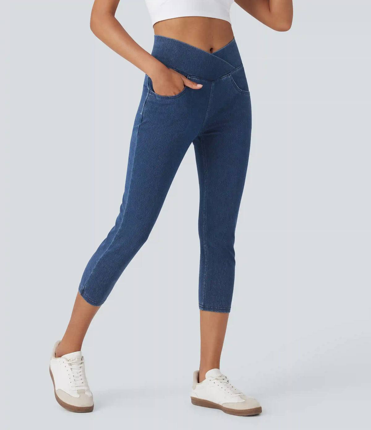 Halara Flex™ Crossover High Waisted Denim Casual Capri Leggings with Pockets