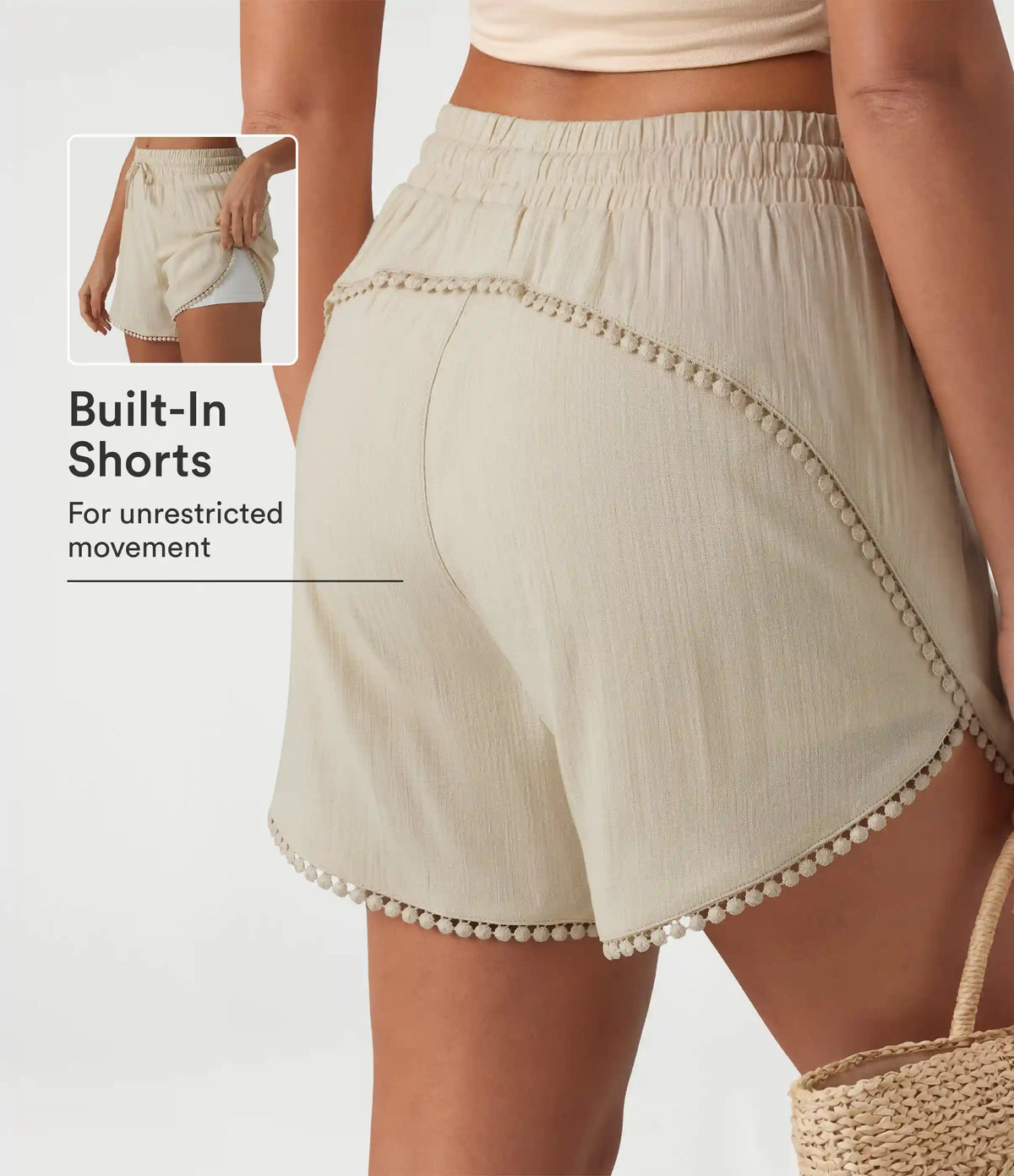 Mid Rise Drawstring Contrast Fringe Curved Hem 2-in-1 Casual Shorts