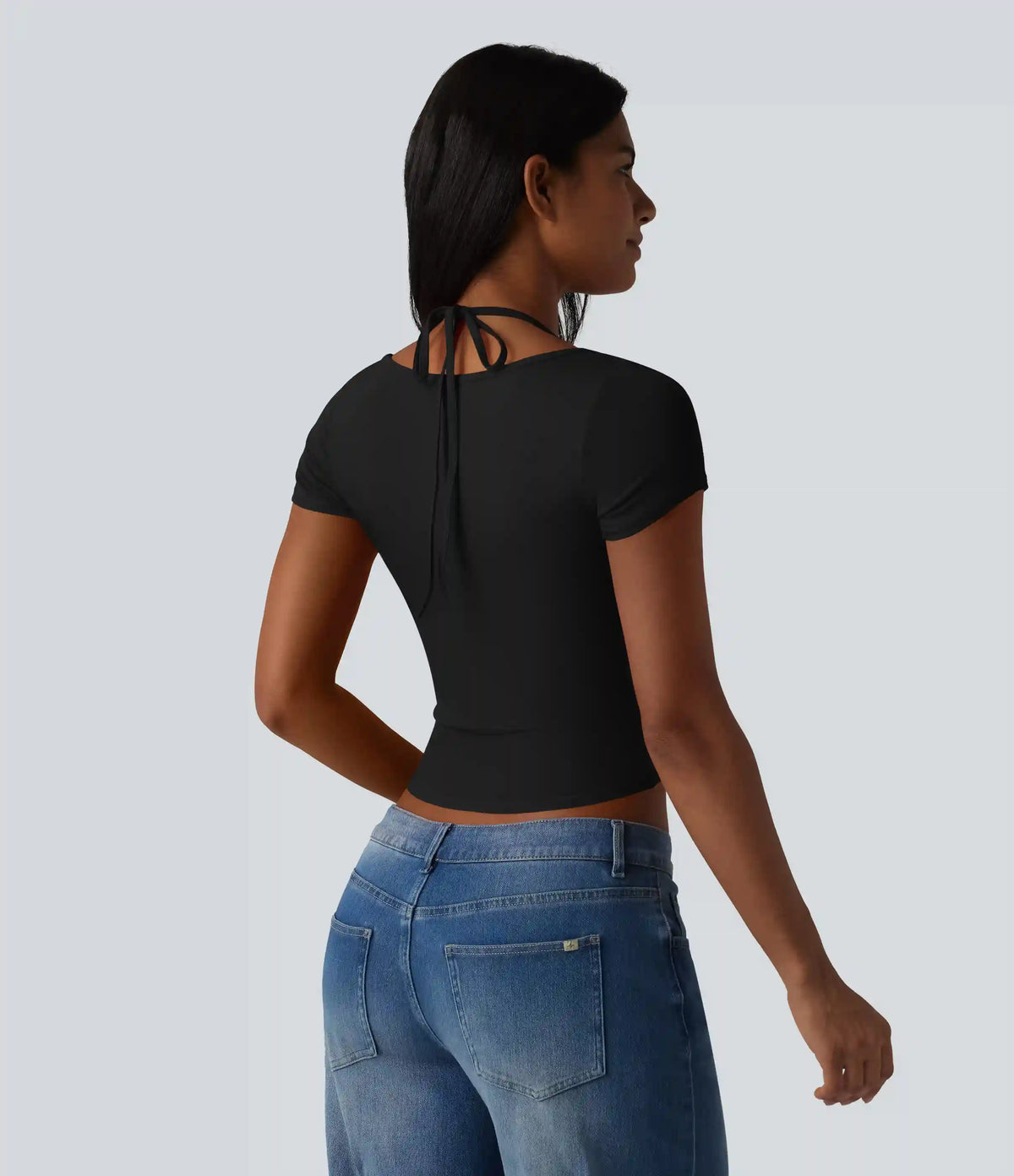 Ribbed Halter Tie Back Built-in Bra Short Sleeve Cropped Casual T-Shirt