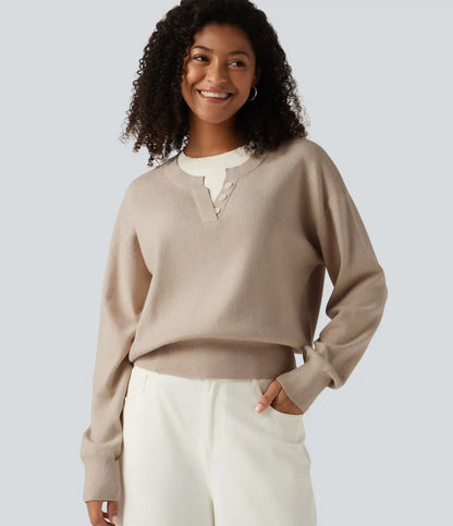 Round Neck Dropped Long Sleeve Color Block Work Sweater