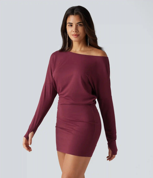 One Shoulder Long Sleeve Thumb Hole Bodycon Ruched Mini Dress