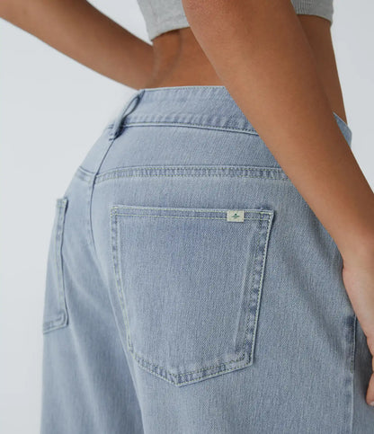 Halara Flex™ Asymmetric Low Rise Zipper Pockets Baggy Wide Leg Washed Casual Jeans