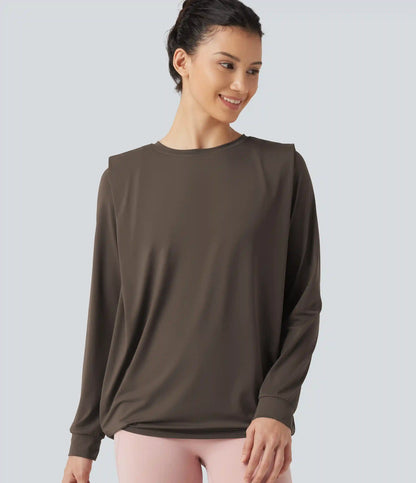 Round Neck Long Sleeve Ruched InstantCool Yoga Sports Top-Longer Length-UPF50+