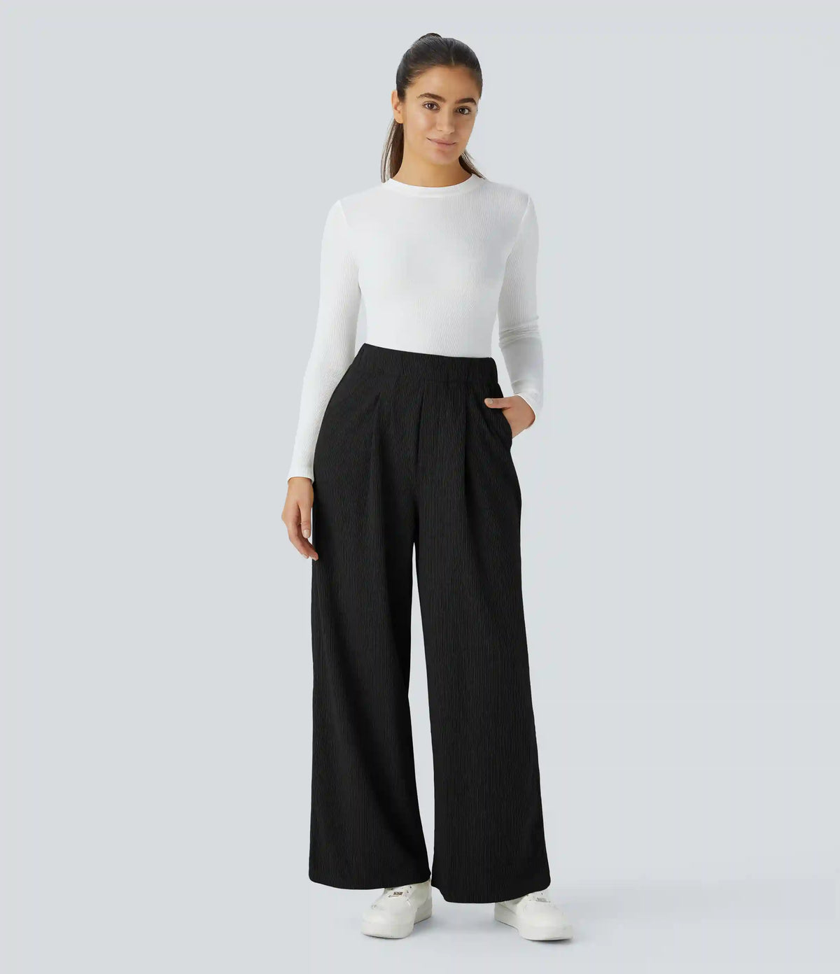 Ribbed High Waisted Pocket Wide Leg Casual Pants