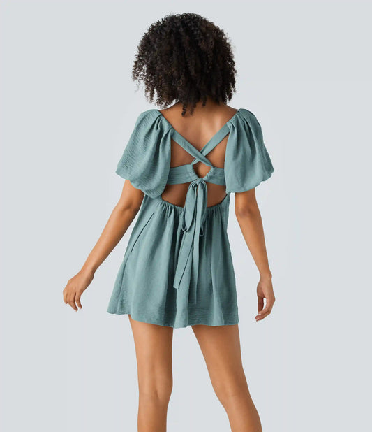 Lace Up Square Neck Puff Sleeve Pocket Casual Linen-Feel Babydoll Dress