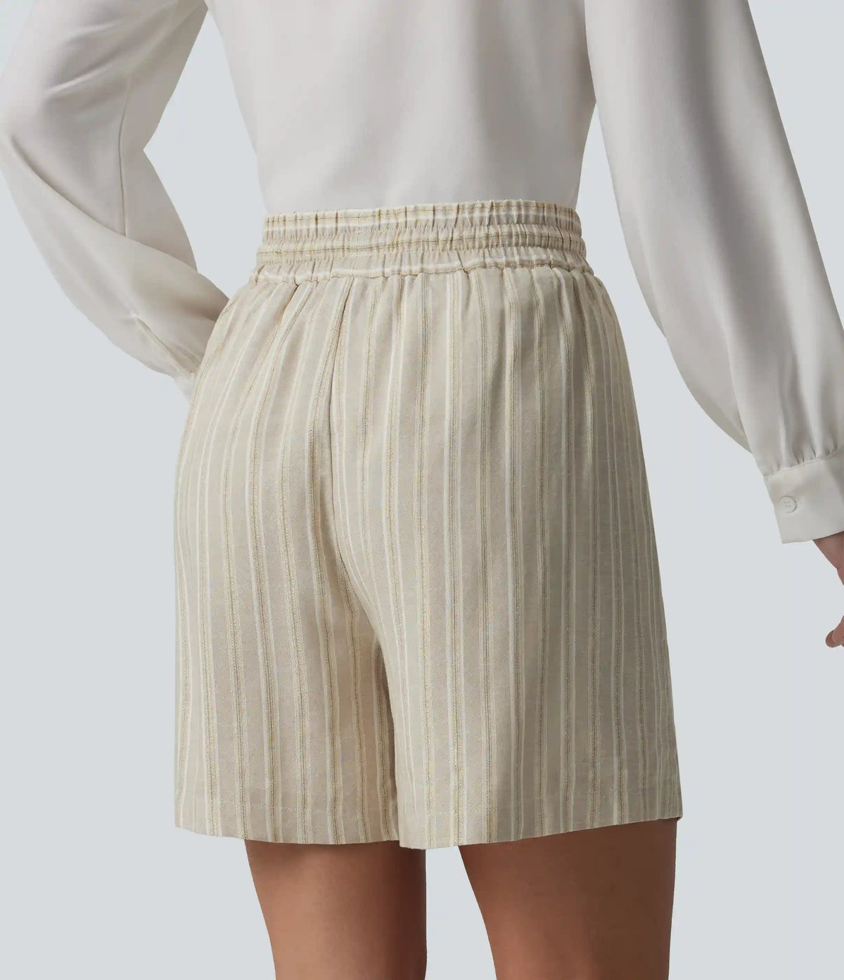 High Waisted Drawstring Stripes Linen Work Baggy Shorts with Pockets