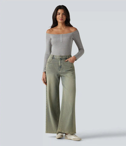 Ribbed Off-shoulder Long Sleeve Built-in Bra Ultra-slim Casual T-Shirt