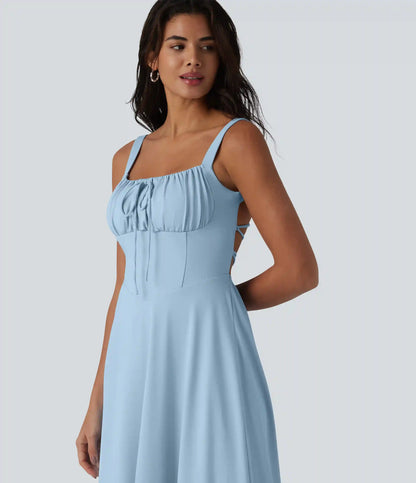 Crisscross Backless Square Neck Sleeveless Ruched Built-in Bra Midi Resort Flowy Milkmaid Dress