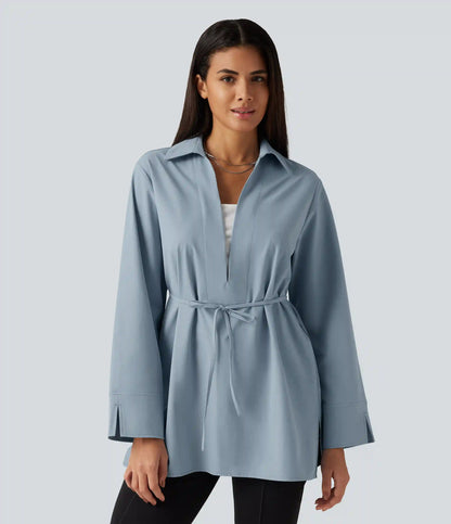 Color Block Belted Long Sleeve Work Shirt