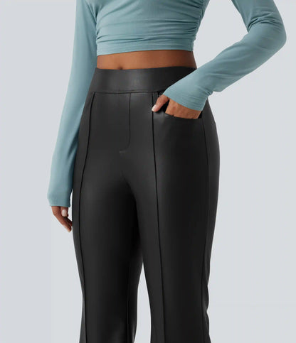 Mid Rise Stretchy PU Fleece Casual Bootcut Pants with Pockets