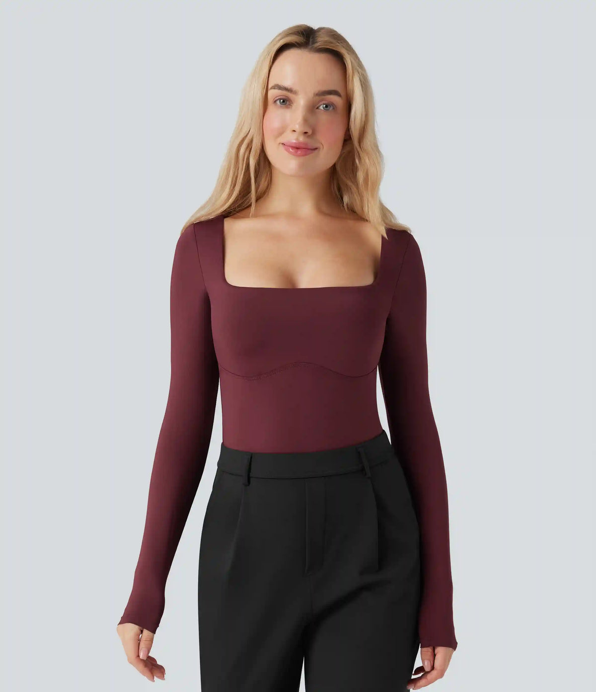 Square Neck Long Sleeve Built-in Bra Skinny Work Bodysuit