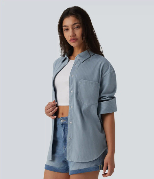 Halara Flex™ Long Sleeve Stripe Denim Casual Shirt with Pocket