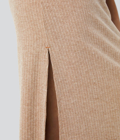 Ribbed High Waisted Hem A Line Maxi Casual Skirt