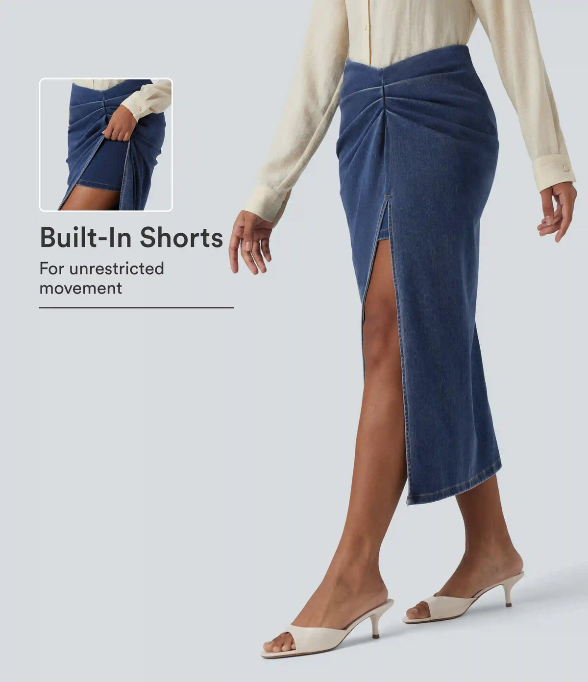 Halara Flex™ High Waisted 2-in-1 Split Bodycon Midi Casual Denim Skirt