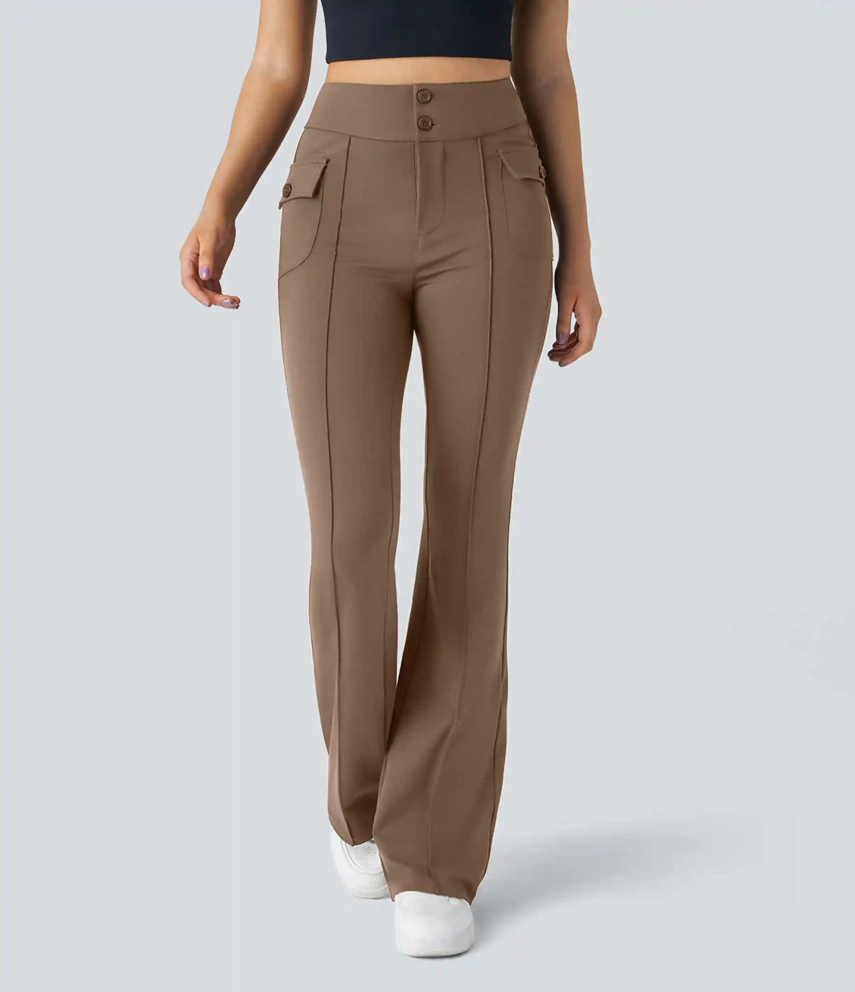 High Waisted Side Flap Pocket Flare Casual Cargo Pants