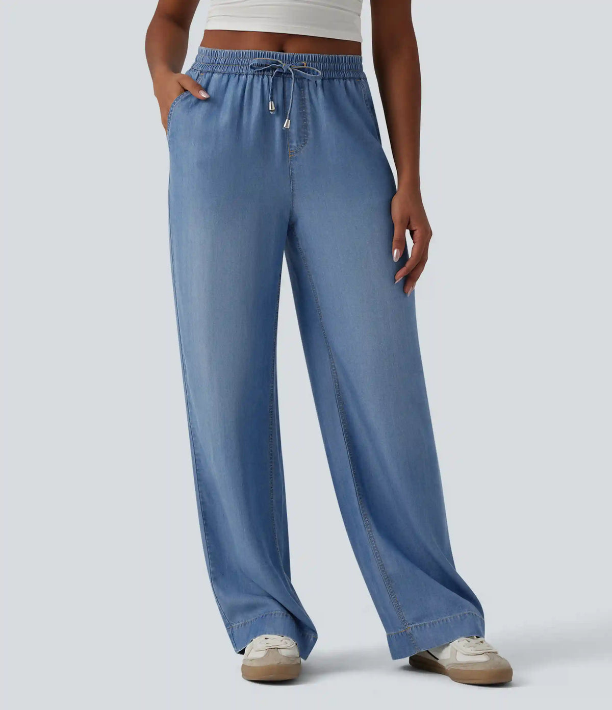 Mid Rise Drawsting Draped Wide Leg Casual Jeans with Pockets