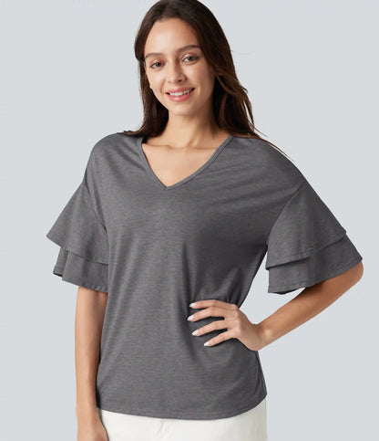 V-neck Flounce Sleeve Casual Top
