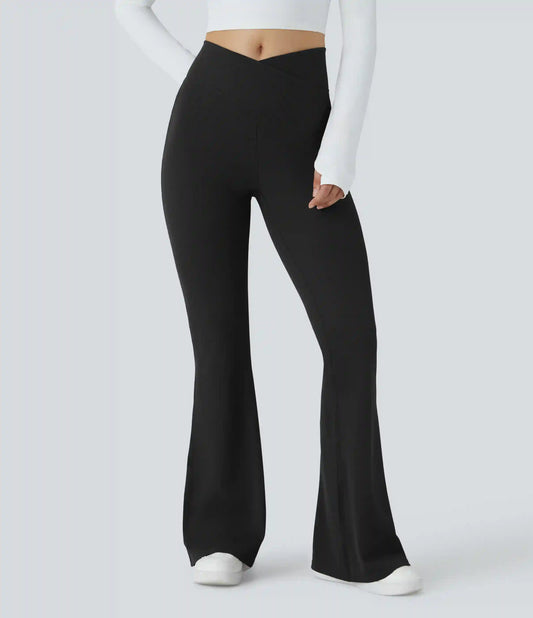 Crossover High Waisted Pocket Waffle Casual Flare Pants