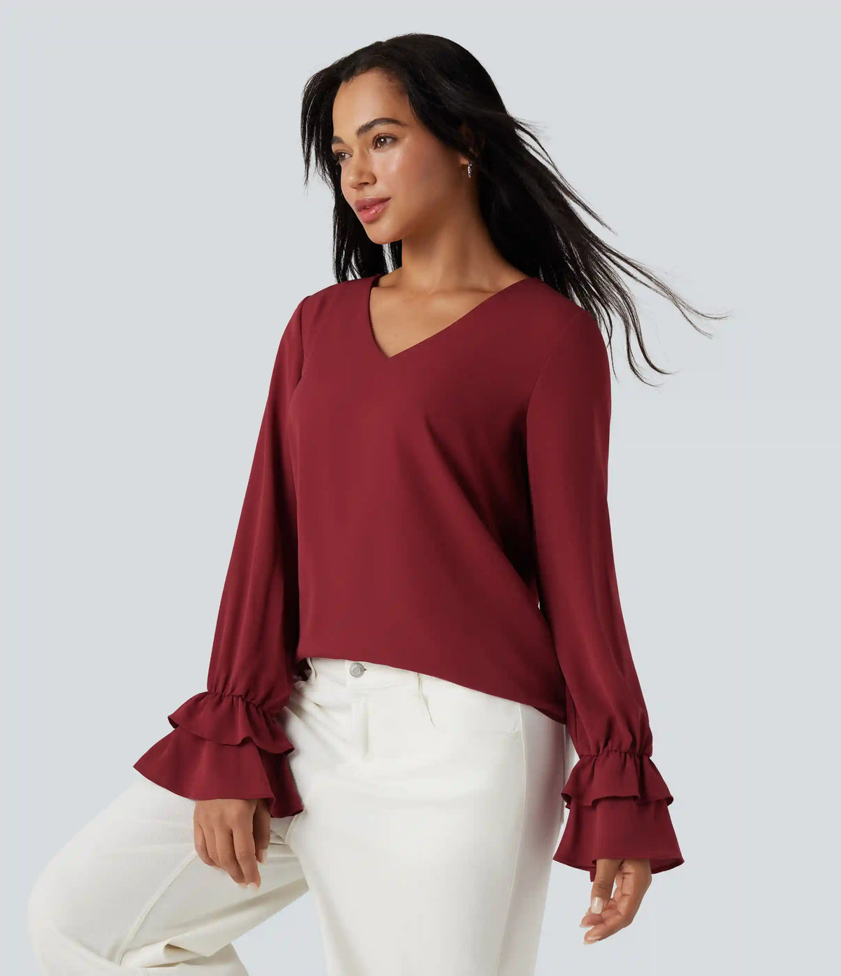 V Neck Ruffle Long Sleeve Casual Blouse