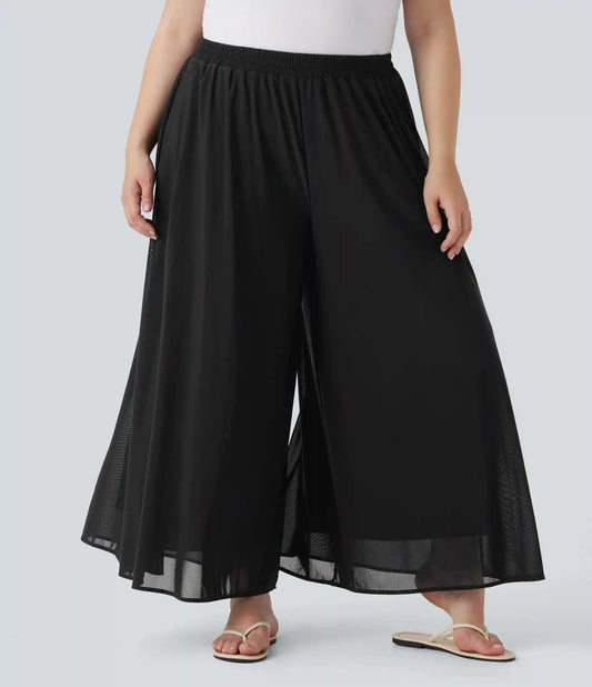 Plus Size High Waisted Mesh Overlay Wide Leg Casual Pants with Pockets