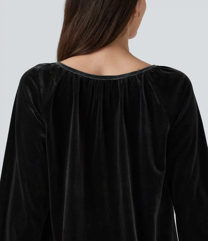 Square Neck Raglan Long Sleeve Pleated Velvet Casual Top