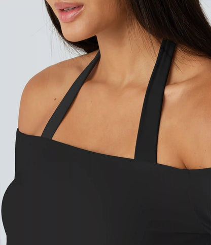 SoftlyZero™ Plush Halter Off Shoulder Long Sleeve Built-in Bra Scoop Back Yoga Sports Top