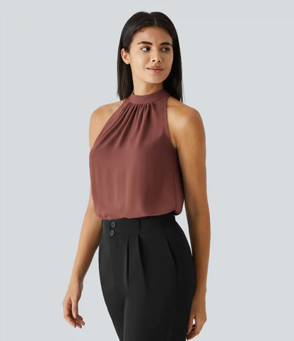 Keyhole Back Halter Sleeveless Curved Hem Work Blouse