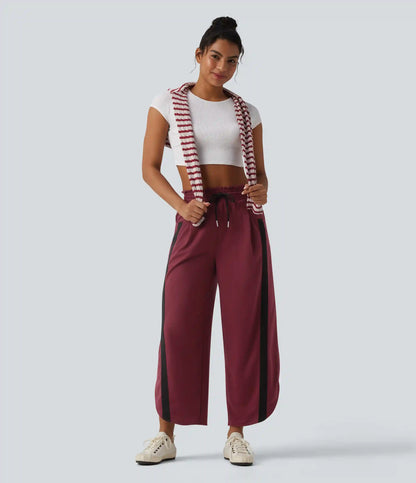 High Waisted Drawstring Curved Hem Color Block Casual Wide Leg Sweatpants with Pockets