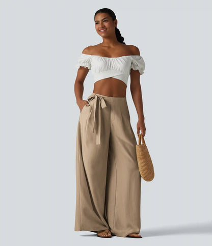 High Waisted Tie Side Baggy Linen-Blend Pants with Pockets