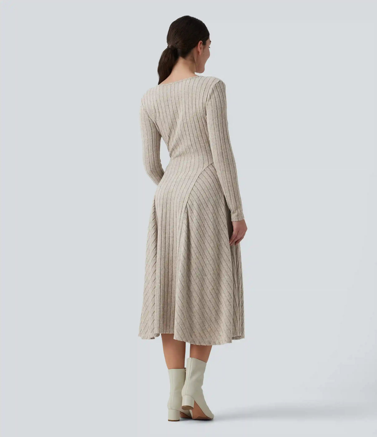 Ribbed Knit V Neck Long Sleeve Flare Midi Casual Dress with Pockets
