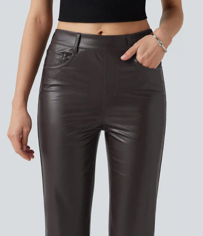 Mid Rise Stretchy PU Bootcut Casual Pants with Pockets