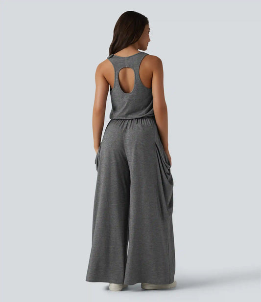 Sleeveless Cut Out Wide Leg Casual Jumpsuit with Pockets-Easy Peezy Edition