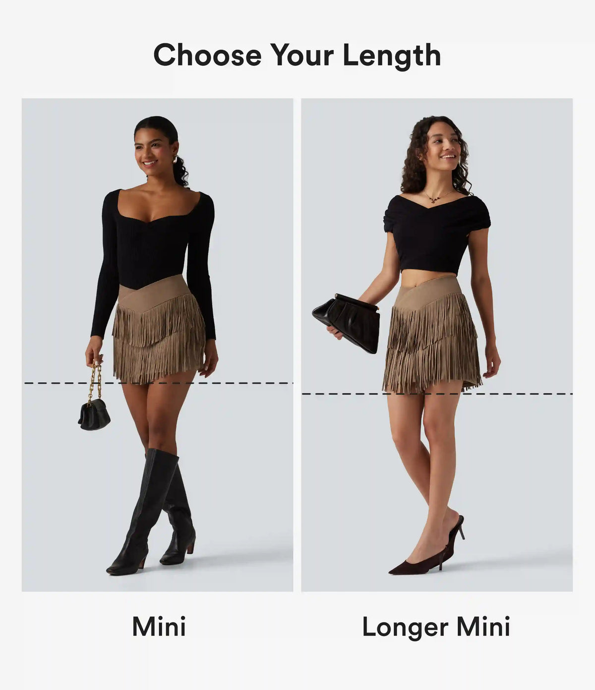 Crossover High Waisted 2-in-1 Fringe Hem Bodycon Mini Suede Party Skirt-Longer Length