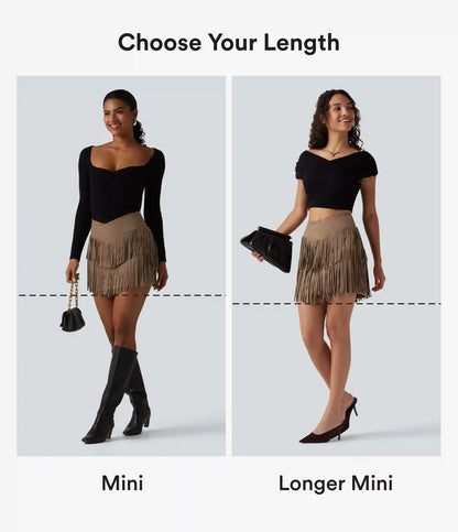 Crossover High Waisted 2-in-1 Fringe Hem Bodycon Mini Suede Party Skirt-Longer Length
