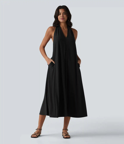 V Neck Midi Casual Dress with Pockets