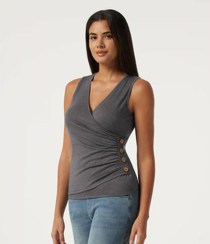 V Neck Ruched Asymmetric Heathered Casual Tank Top