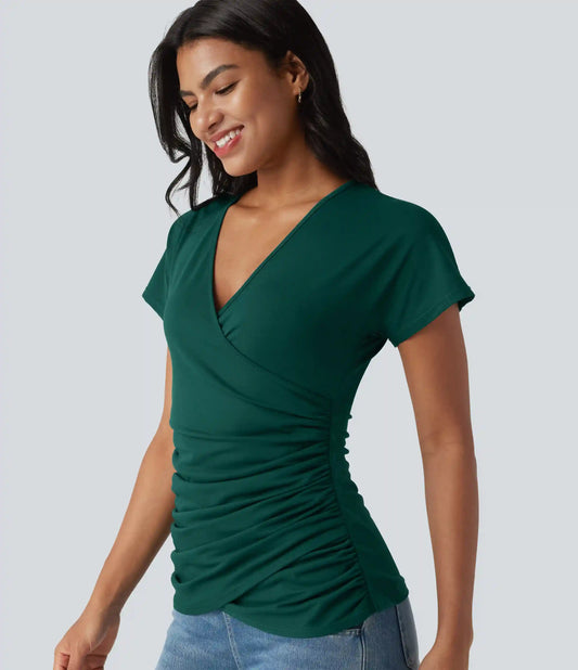V Neck Short Sleeve Ruched Casual Top