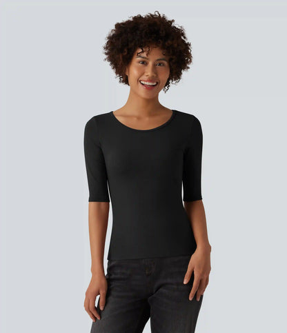 Ribbed Knit Scoop Neck Half Sleeve Casual T-Shirt