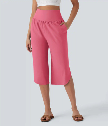 Breezeful™ High Waisted Tummy Control Hem Quick Dry Capri Pants with Pockets