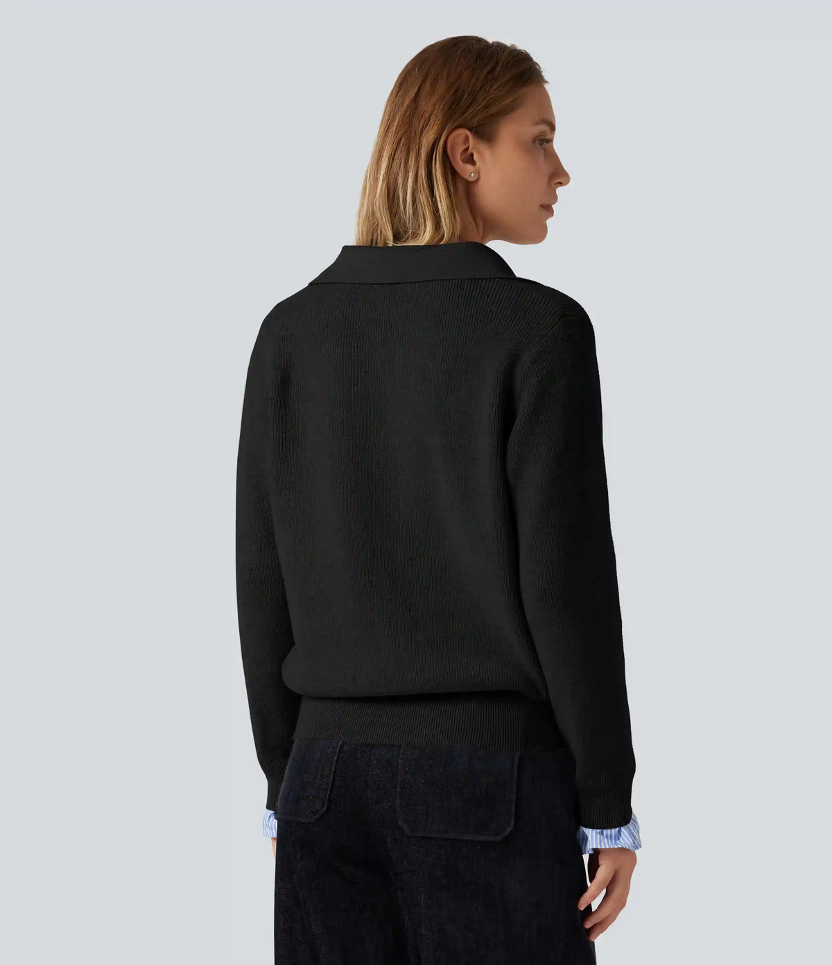 Collared V Neck Long Sleeve 2-in-1 Work Sweater